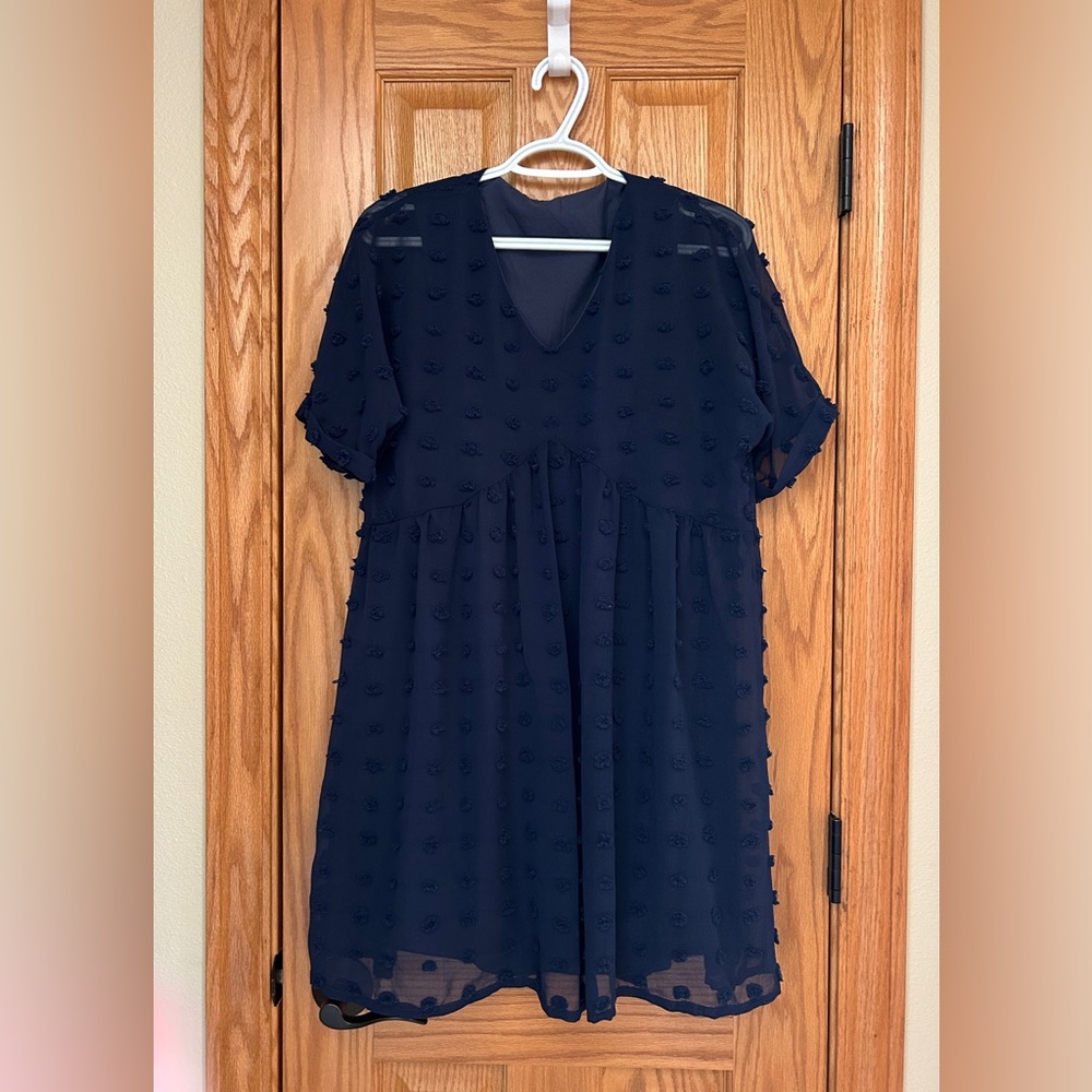 Women’s Casual Dress V Neck Short Sleeve Swiss Dot Loose Flowy Mini Babydoll, S